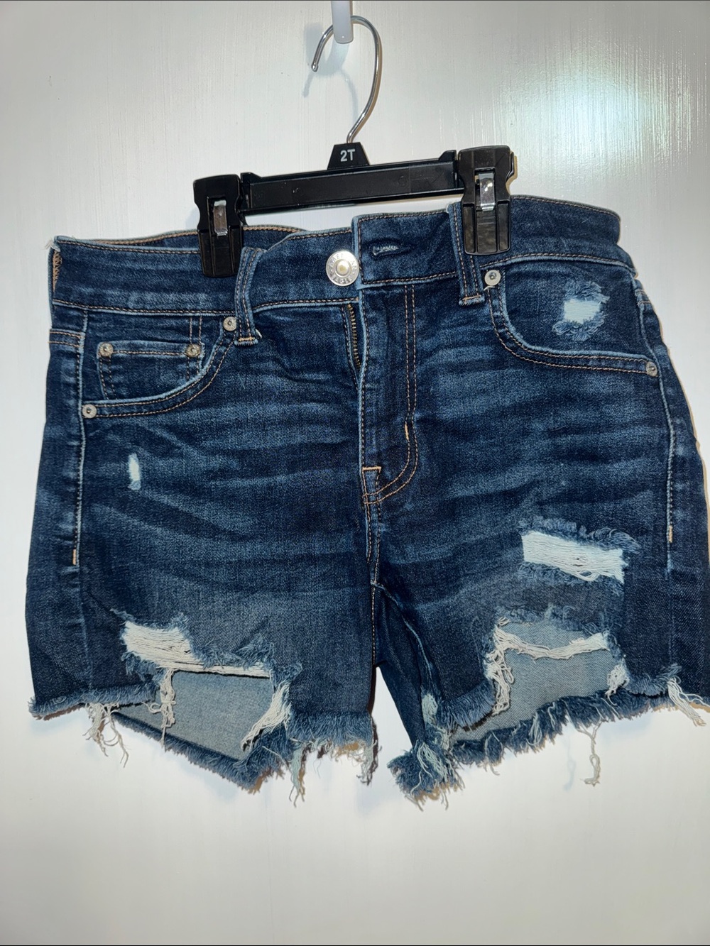 American Eagle Dark Wash Distressed Denim Midi Shorts - Size 6